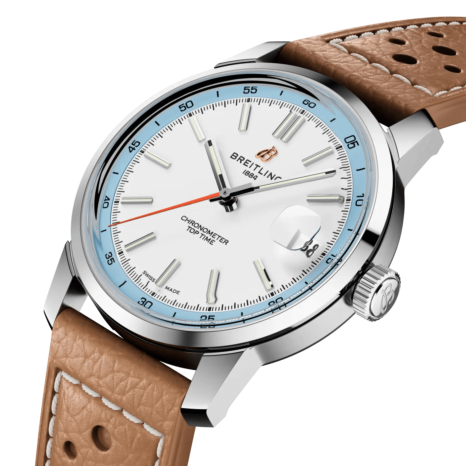 BREITLING Top Time B31, Stainless Steel case, White & Blue dial, Beige leather strap