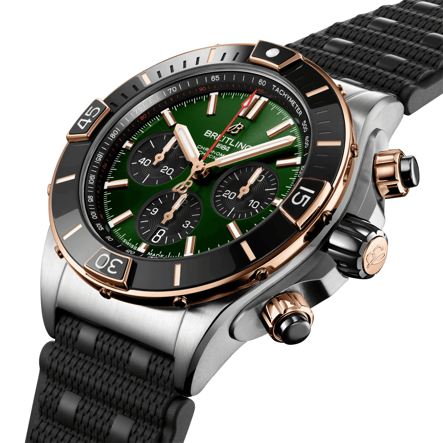 BREITLING Super Chronomat B01 44mm, Stainless Steel & Red Gold case, Green dial, Rubber strap - Classic Kaf