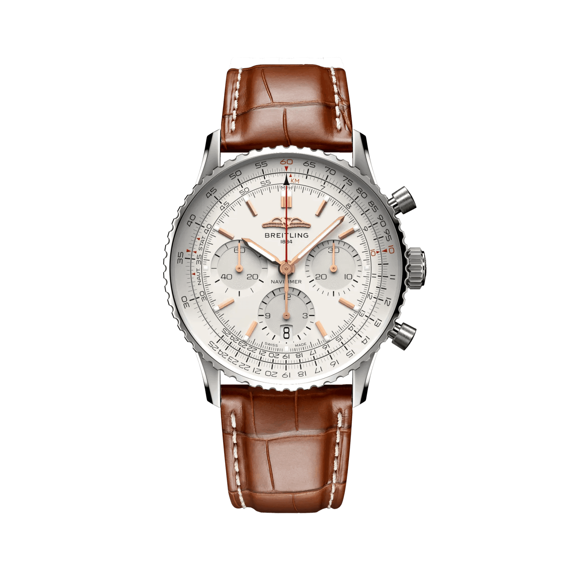 BREITLING Navitimer B01 Chronograph 41mm, Stainless Steel case, Leather strap, Silver dial - Classic Kaf