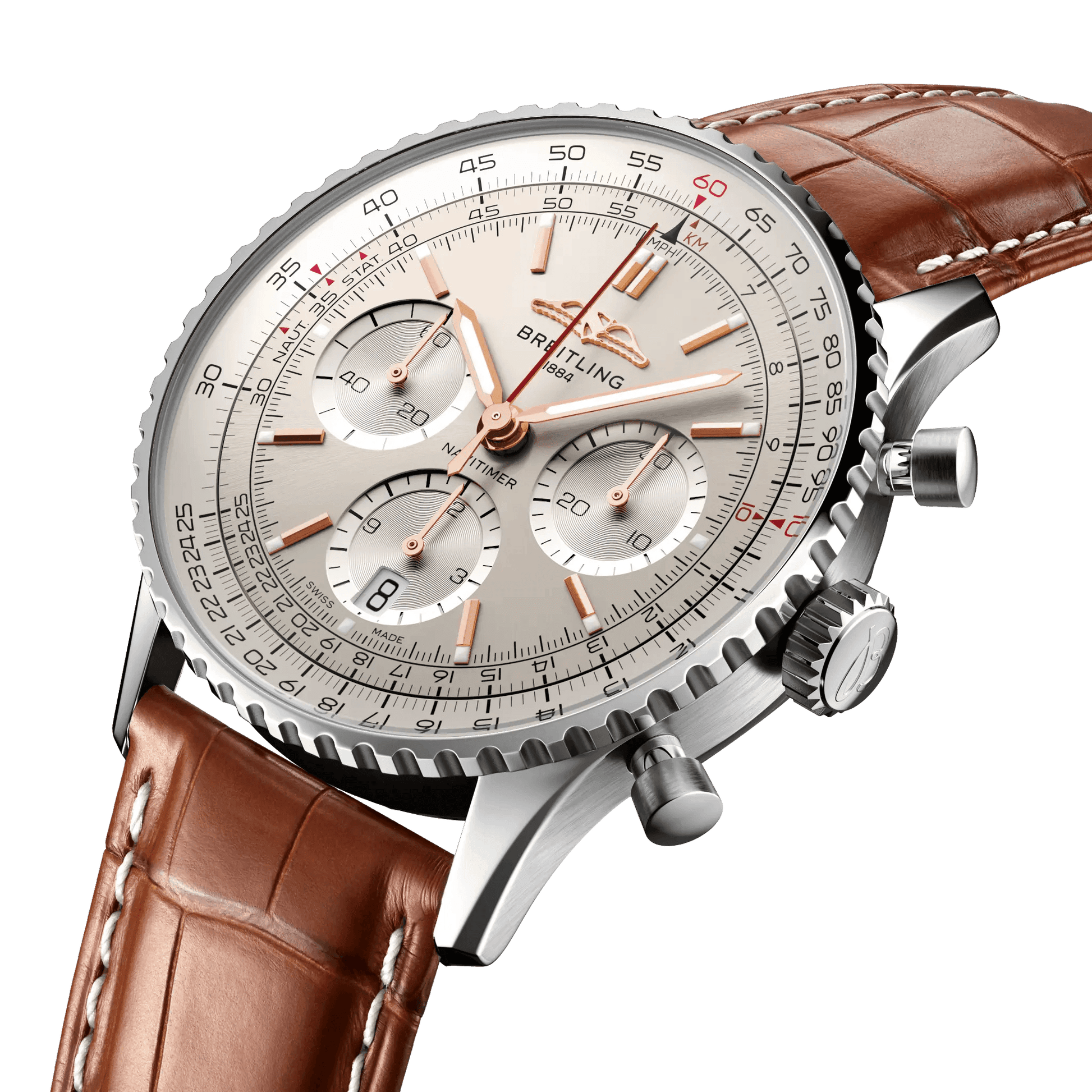 BREITLING Navitimer B01 Chronograph 41mm, Stainless Steel case, Leather strap, Silver dial - Classic Kaf