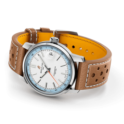 BREITLING Top Time B31,Stainless Steel case, White & Blue dial, Beige leather strap