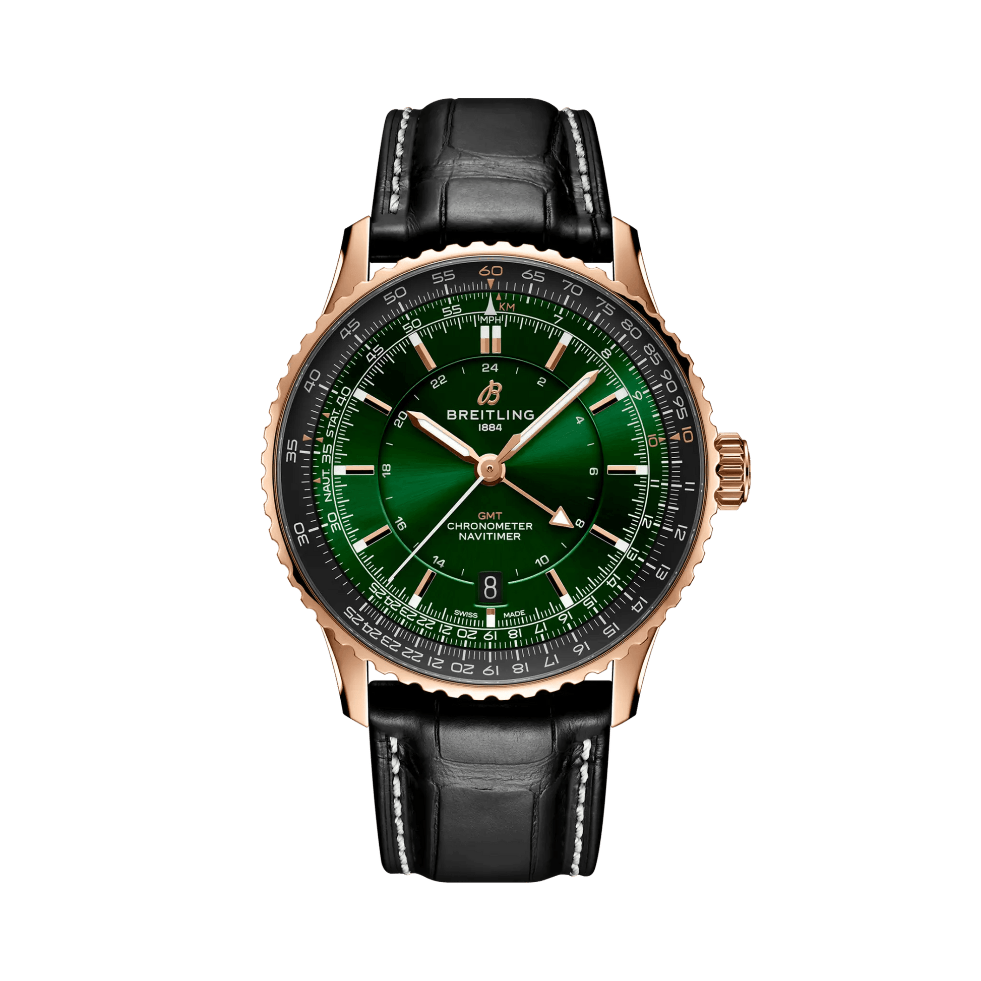 BREITLING Navitimer B01 Chronograph 41mm Red Gold case, Green dial, Leather strap - Classic Kaf