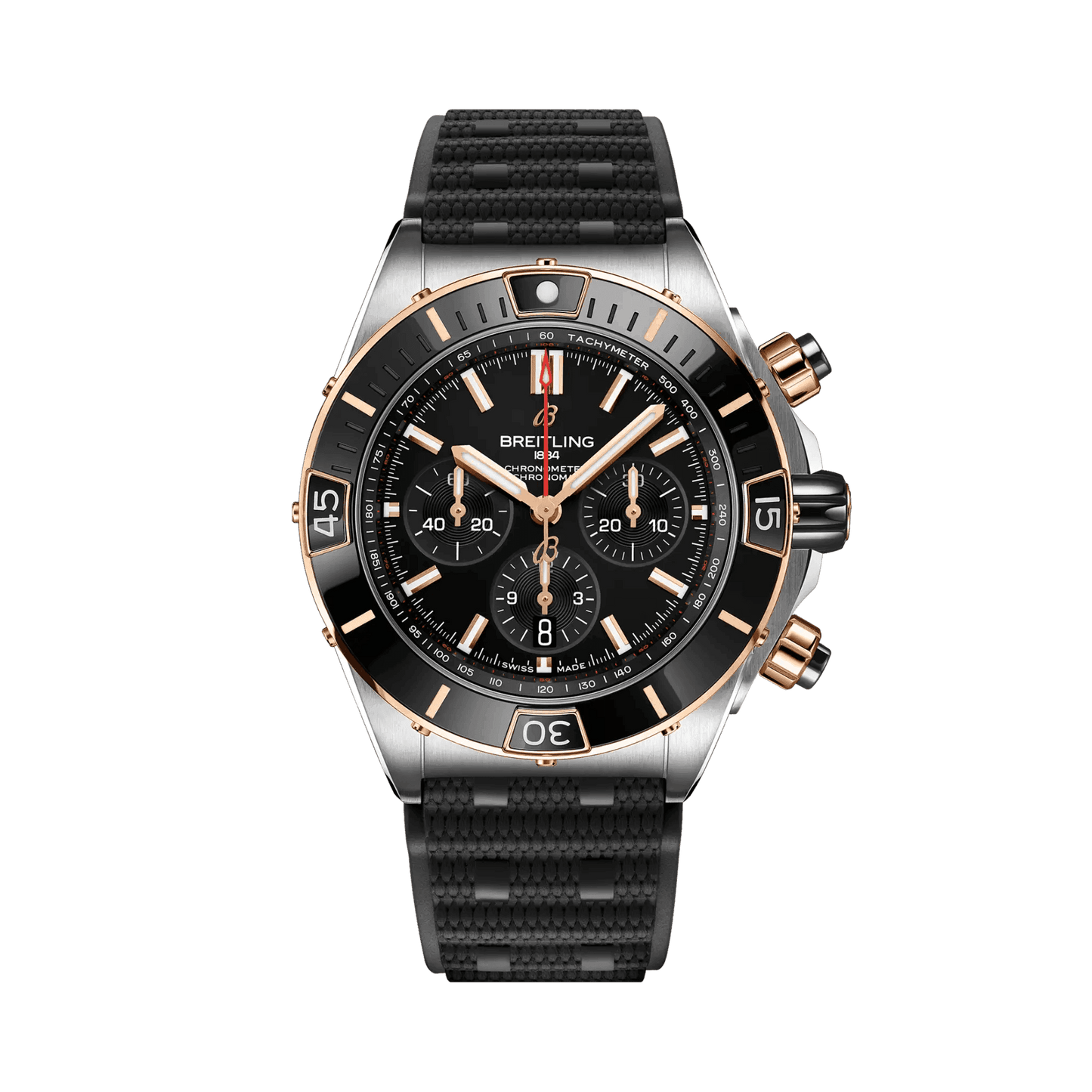 BREITLING Super Chronomat B01 44mm, Stainless Steel & Red Gold case, Black dial, Rubber strap - Classic Kaf