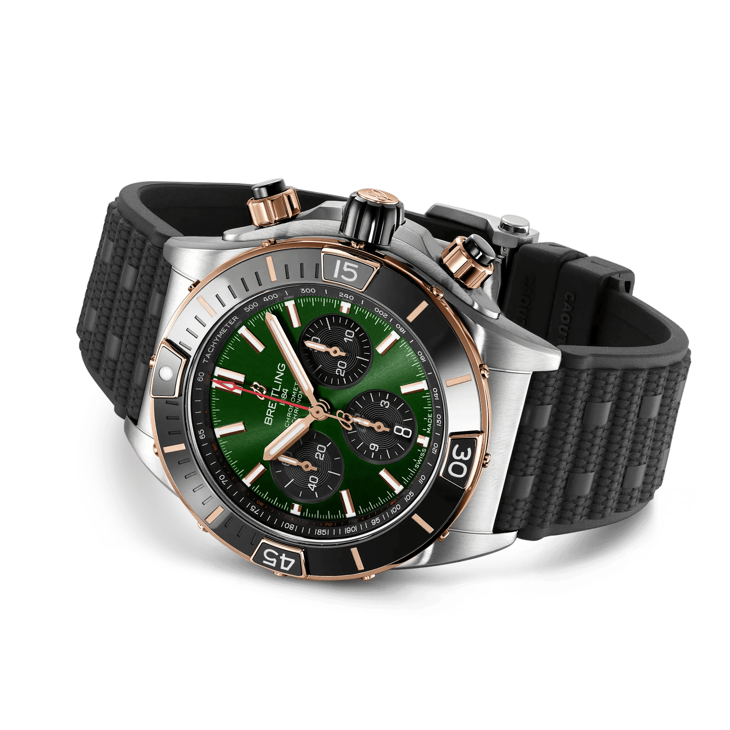 BREITLING Super Chronomat B01 44mm, Stainless Steel & Red Gold case, Green dial, Rubber strap - Classic Kaf