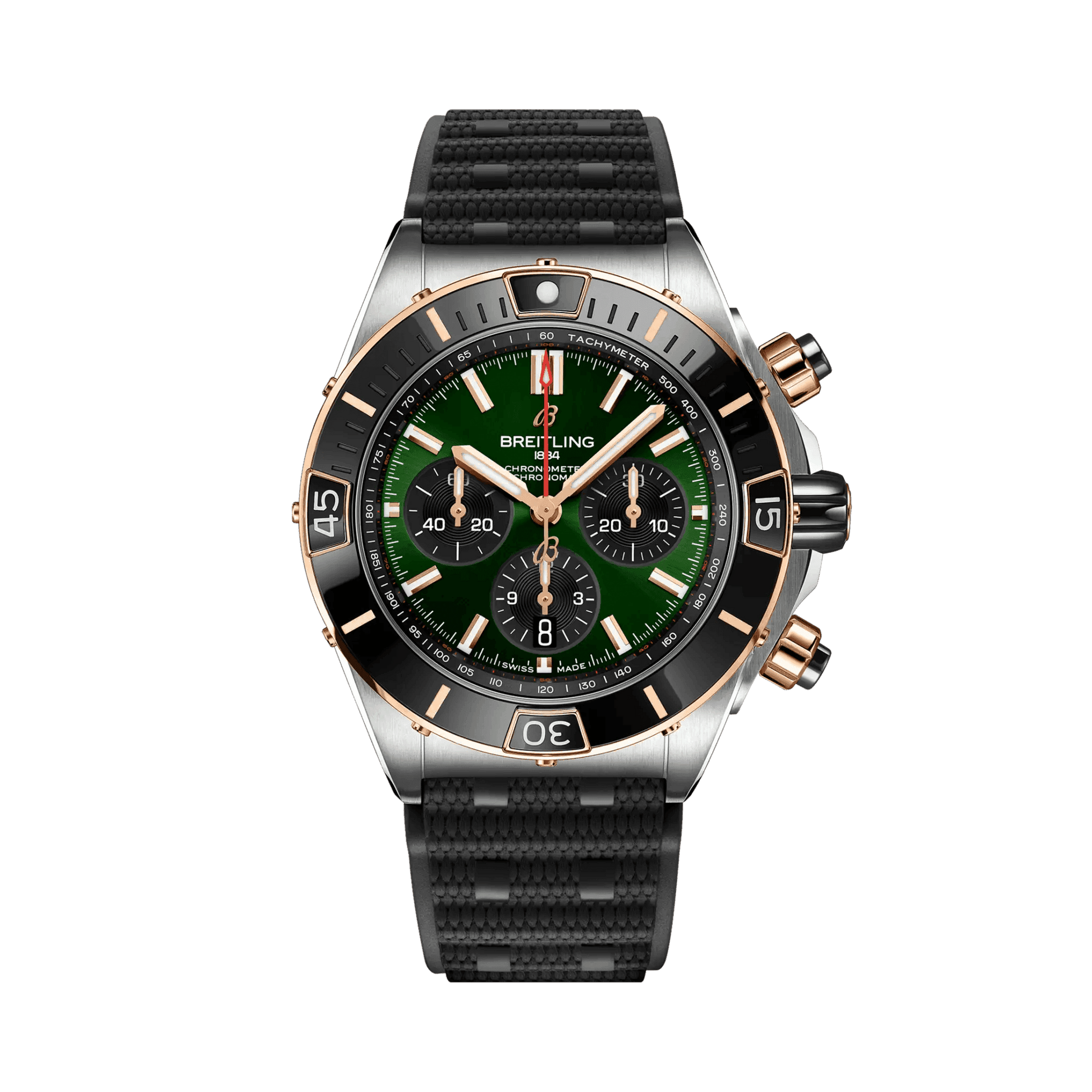 BREITLING Super Chronomat B01 44mm, Stainless Steel & Red Gold case, Green dial, Rubber strap - Classic Kaf