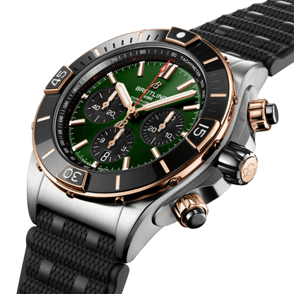 BREITLING Super Chronomat B01 44mm, Stainless Steel & Red Gold case, Green dial, Rubber strap - Classic Kaf